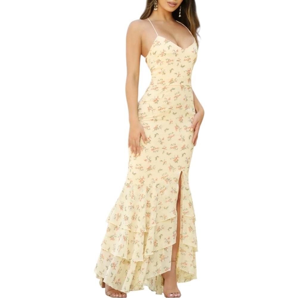 Velvi Greta Maxi Dress in Yellow Floral size 14 Strappy Back Tiered Ruffle Hem